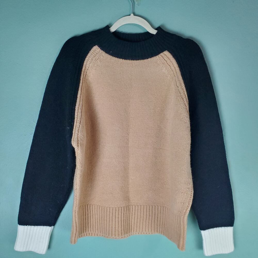 Ann Taylor Womens Tan Colorblock Ribbed Cuffs Crew Neck Sweater Size Large